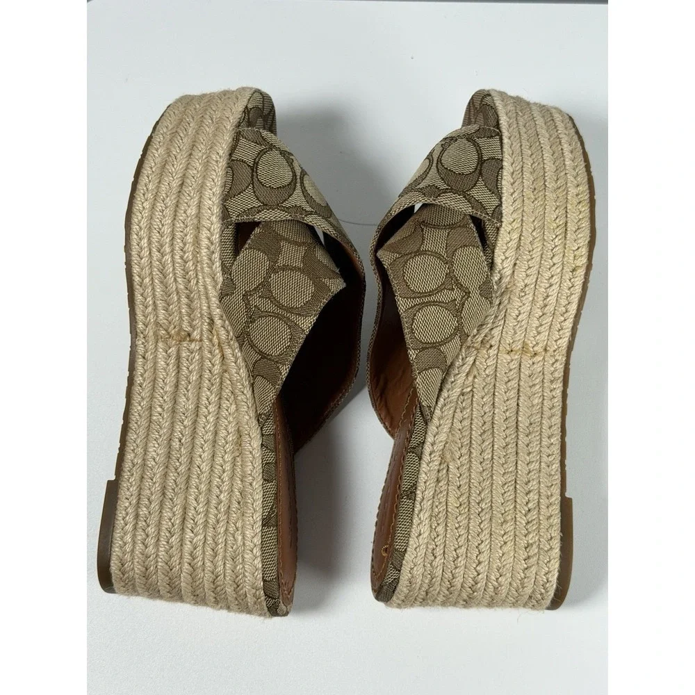 Womens Size 7.5B Coach Slide Espadrille Wedge With Signature Coach Print